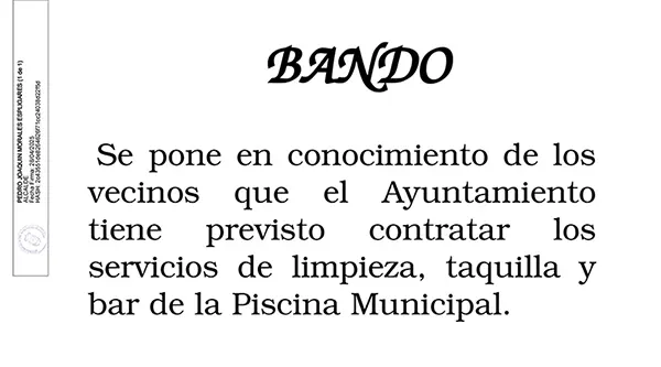 Contratación de servicios de limpieza, taquilla y bar de la Piscina Municipal